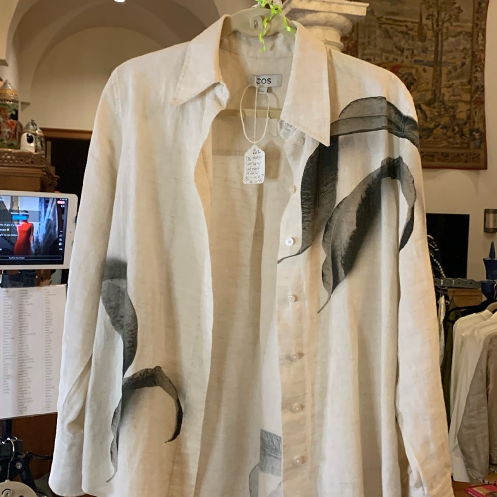COS Oversized Leaf Print Linen Shirt Beige Cream Size M